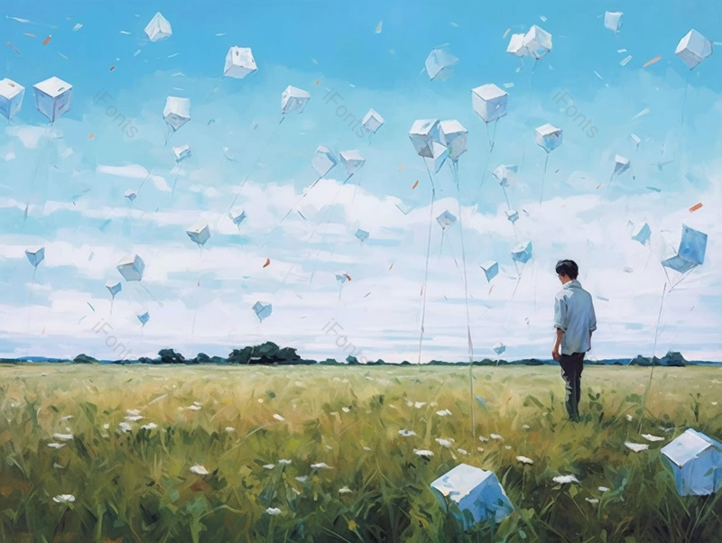 一个男孩看远端风筝春季夏季草坪草地户外郊游蓝天白云美景插画,插画/手绘图,插画/手绘图库,插画/手绘图下载,插画/手绘